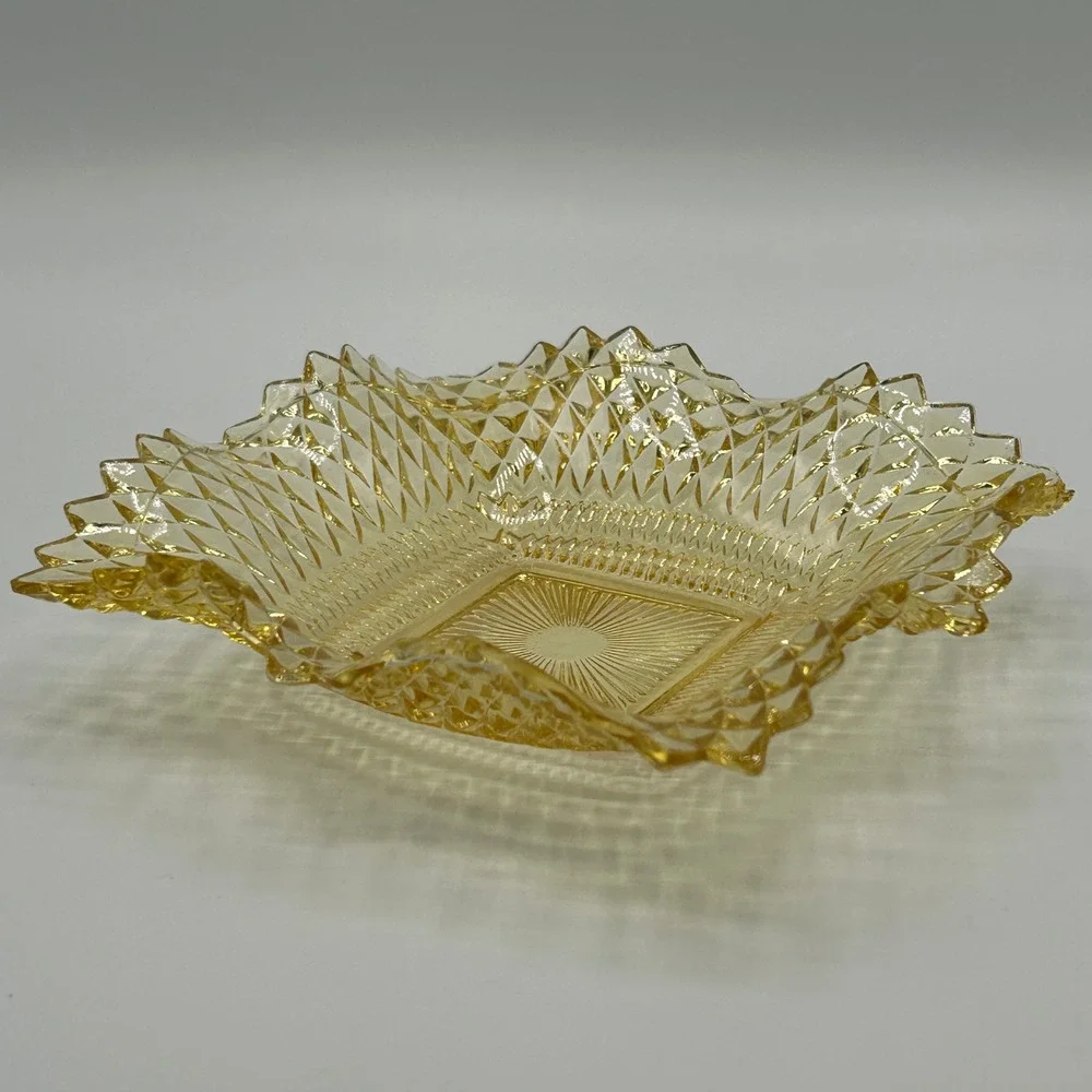 Vintage Mid Century Yellow Diamond Point Square Pressed Glass Candy Trinket Dish